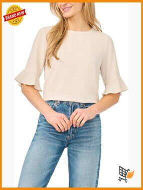 Short Sleeve Ruffle Cuff Crew Neck Blouse - Soft & Lightweight